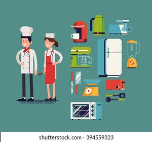 Cool flat design on essential kitchen appliances set, tools and equipment with culinary and cuisine professionals. Smiling restaurant cook chefs. Catering cuisine staff characters