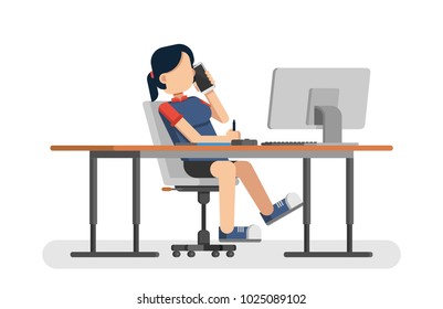 cool flat design people sitting behind desk. Office workers front view. Freelancer front view. Men and women sitting poses