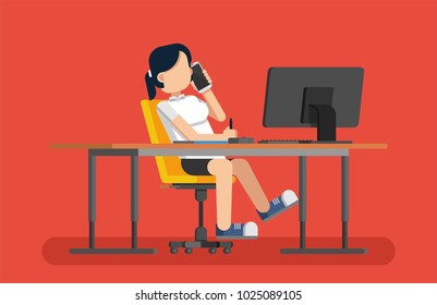 cool flat design people sitting behind desk. Office workers front view. Freelancer front view. Men and women sitting poses
