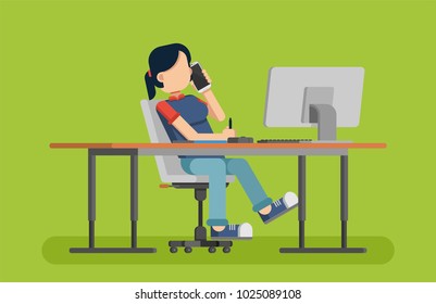 cool flat design people sitting behind desk. Office workers front view. Freelancer front view. Men and women sitting poses