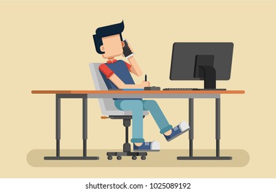 cool flat design people sitting behind desk. Office workers front view. Freelancer front view. Men and women sitting poses