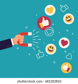 Cool flat design social media success and appreciation concept vector illustration. Hand holding magnet attracting likes, hearts and reaction smileys. Social media marketing in business