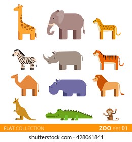 Cool flat design trendy style vector icon set. Zoo children wild farm domestic animal cartoon collection. Giraffe elephant cheetah zebra rhinoceros tiger camel hippo lion kangaroo crocodile monkey.