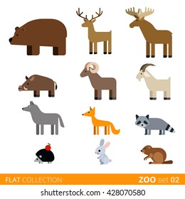 Cool flat design trendy style vector animals icon set. Flat zoo children wild farm domestic animal cartoon collection. Coypu bear doe deer boar ram goat wolf fox raccoon hedgehog rabbit hare nutria.