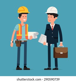 Cool flat design vector characters on building worker with hard hat helmet, orange vest and tool belt and civil engineer specialist in suit holding briefcase and papers wearing hard hat