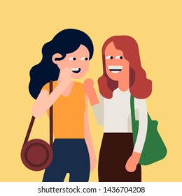 Cool flat design vector concept on gossiping. Two women sharing secrets or talking behind someone's back laughing and giggling