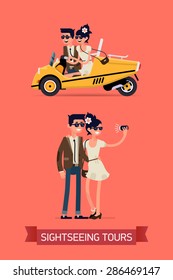 Cool flat design vector elements on sightseeing tours with young couple riding touristic scooter car and standing full length posing and taking photos and self portrait 