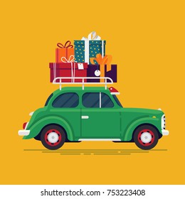 Cool flat design vector festive holiday design element on old fashioned car with stack of gift and present boxes on roof rack