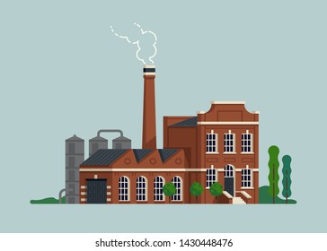 Cool Flat Design Vector Illustration On Old Factory Plant With Chimney. Old Manufactory Concept Design