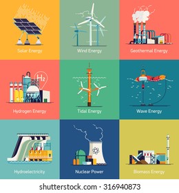 Cool Flat Design Vector Set Of Web Icons On Electricity Generation Plants And Sources | Ecological Friendly Low And Zero Emission Power Plants And Energy Producing Stations