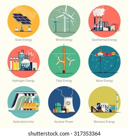 Cool flat design vector set of round circle web icons on electricity generation plants and sources | Ecological friendly low and zero emission power plants and energy producing stations