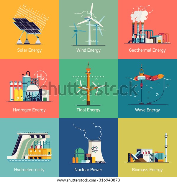 Cool flat\
design vector set of web icons on electricity generation plants and\
sources | Ecological friendly low and zero emission power plants\
and energy producing\
stations