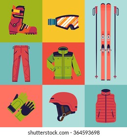 Cool flat design vector skiing gear. Lovely colorful ski resort sport and recreation items including ski boot, goggles, pants, jacket, safety helmet, gloves, skis with bindings and poles