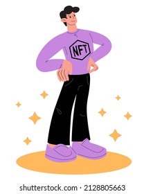 Cool Flat Doodle Male Character Promoting Nft Concept Standing Strond In Power Pose. Young Man Trading Crypto Through Internet In Non-fungible Token Bidding. Flat Simple Vector Illustration