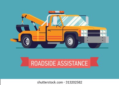 Cool flat illustration on yellow crane towing truck | Roadside assistance transportation web icon