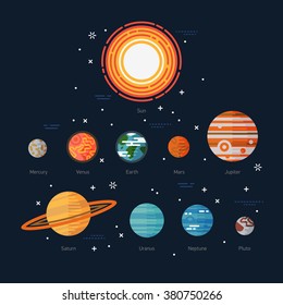 Cool flat illustration Solar system celestial bodies, planets with names. Astronomy items. Sun, Mercury, Venus, Earth, Mars, Jupiter, Saturn, Uranus, Neptune, Pluto icons on night sky full of stars