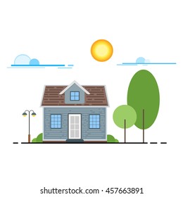 Cool flat line cityscape downtown house building. Urban linear cityscape with trees. Flat design modern vector urban landscape and city life. Cityscape row townhouse small town street building facade.