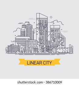 Cool flat line illustration cityscape with downtown houses, commercial buildings and skyscrapers. Urban linear cityscape with trees, isolated