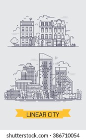 Cool Flat Line Illustration On Large City Metropolis Skyline And Downtown Area Houses, Commercial Buildings And Skyscrapers. Linear Large City With Skyscrapers And Small Old Town