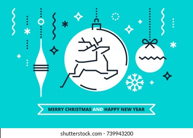 Cool flat linear Xmas illustration for banners, greeting cards and invitations. Merry Christmas and Happy New Year congratulation. Vector design.