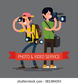 Cool flat Photo and Video Service concept layout with photographer and cameraman male characters holding cameras shooting video and taking pictures. Smiling video and photo professionals working