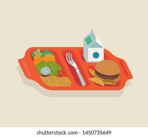 Cool Flat School Meal Concept Vector Illustration With Red Plastic Tray Filled With Food For School Kids Including Milk, Vegetables, Fries And Hamburger