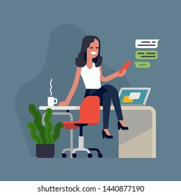 Cool flat style detailed illustration on self employment depicting confident female business owner managing her tasks with ease. Hassle free business concept design