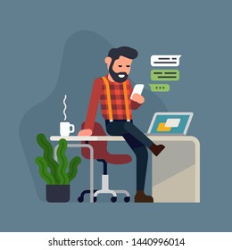 Cool flat style detailed illustration on self employment depicting confident male business owner managing his tasks with ease. Hassle free business concept design. Man having coffee break