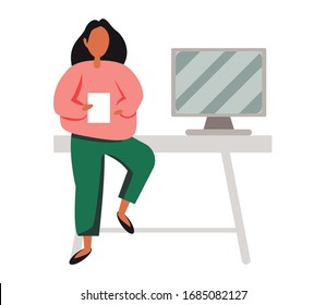 Cool flat style detailed illustration on self employment depicting confident female business owner managing her tasks with ease. Hassle free business concept design. 