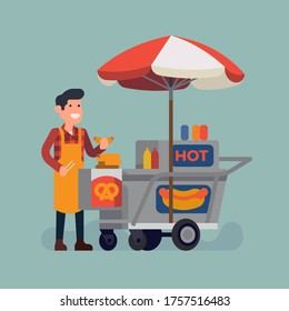 Cool flat style vector illustration on man selling hot dogs and pretzels from street food cart