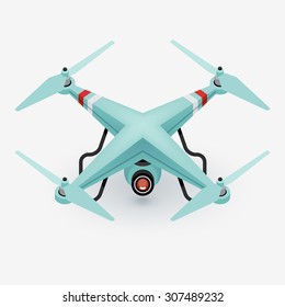 Cool flat vector blue isometric quadcopter drone design element | Contemporary unmanned aircraft with digital camera for aerial photography 