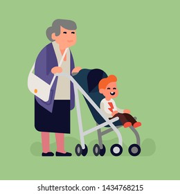 Cool flat vector character design on grandmother with child in stroller. Baby grandkid with grandma are out for a walk. Grandparenting concept illustration