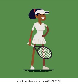 Cool flat vector character design on african female tennis player. Professional sportswoman ready to play tennis wearing visor, white dress and holding racket