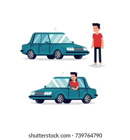Cool flat vector character design on driver standing next to vehicle and looking out of the window while driving the car. Happy car owner concept illustration