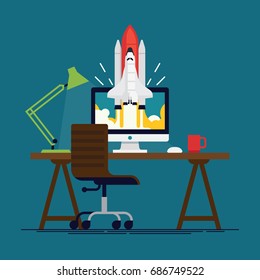 Cool flat vector concept on startup or sole proprietorship fast growing business and success with workplace equipped with desktop computer, lamp and chair and shuttle spacecraft flying off the screen