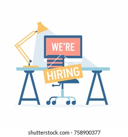 Cool flat vector design concept on head recruitment in business and industry. Job vacancy illustration with abstract office desk with computer, chair and ‘We are hiring’ message. Empty work place