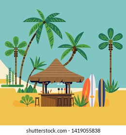 Cool flat vector graphics on Surf beach with cocktail bar, surf boards and palm trees. Summer vacation destination concept design
