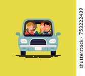 Cool flat vector illustration on carpool with simplified driver and passengers characters. Diverse group of people shares car, front view