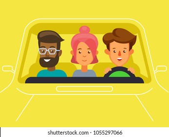 Ilustración plana vectorial en el carpool con caracteres de conductor y pasajeros. Diversos grupos de personas comparten auto, vista frontal 