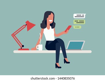 Cool flat vector illustration on confident self-employed woman enjoying her coffee whist sitting on table having her business under control