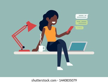 Cool flat vector illustration on confident self-employed african woman enjoying her coffee whist sitting on table having her business under control