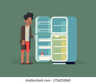 Cool flat vector illustration on empty fridge. Sleepy grumpy single man in underwear, slippers and bathrobe ran out of food because of lack of motivation to go out. Bachelor's fridge concept visual