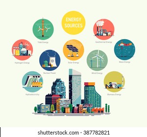 Cool Flat Vector Illustration On Energy Sources. Electric Power For City And Urban Areas. Wind, Nuclear, Solar, Hydrogen And Other Energy Use. Electricity Usage Infographic Elements