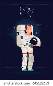 Cool flat vector illustration on space explorer character. Astronaut in space suit holding helmet with night sky with stars on background