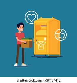 Cool flat vector illustration on charity clothes donation with clothing bin or container and confident man holding cardboard box with old used clothes ready to be donated or recycled
