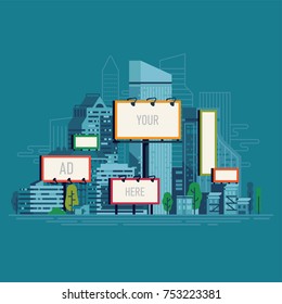 Cool flat vector illustration on city outdoors advertising agency with blank billboards of different sizes seen over the city streets and buildings