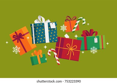 Cool flat vector illustration on Christmas gifts with different gift boxes with bows and ribbons, candy canes and snowflakes