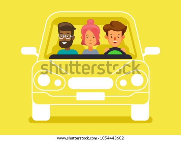Cool flat vector illustration on carpool with driver and\
passengers characters. Diverse group of people shares car, front\
view 
