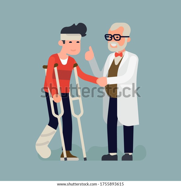 Cool flat vector illustration on cheerful doctor\
comforts injured person on crutches with a plaster cast on his leg\
and a bondage on head in\
recovery