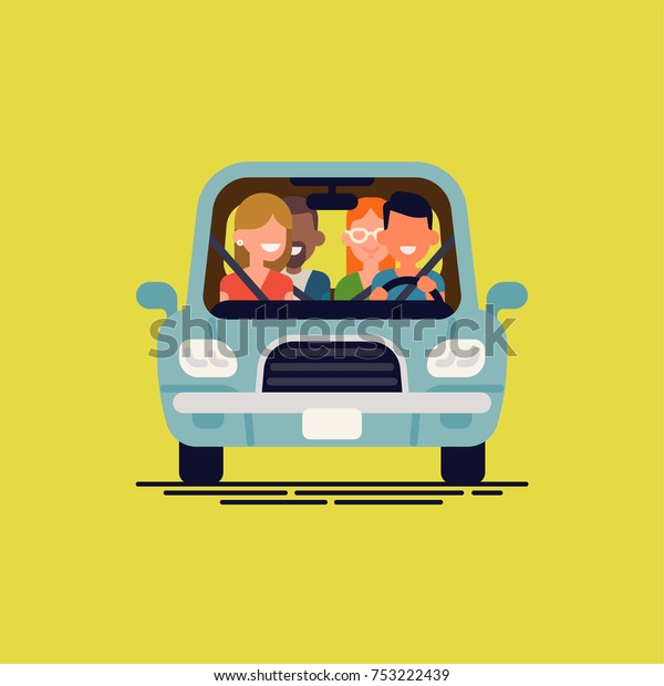 Cool flat vector illustration on carpool with\
simplified driver and passengers characters. Diverse group of\
people shares car, front\
view